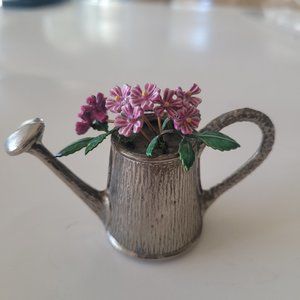 Vintage Miniature 3D Watering Can Metal Flowers Silver Tone Figurine